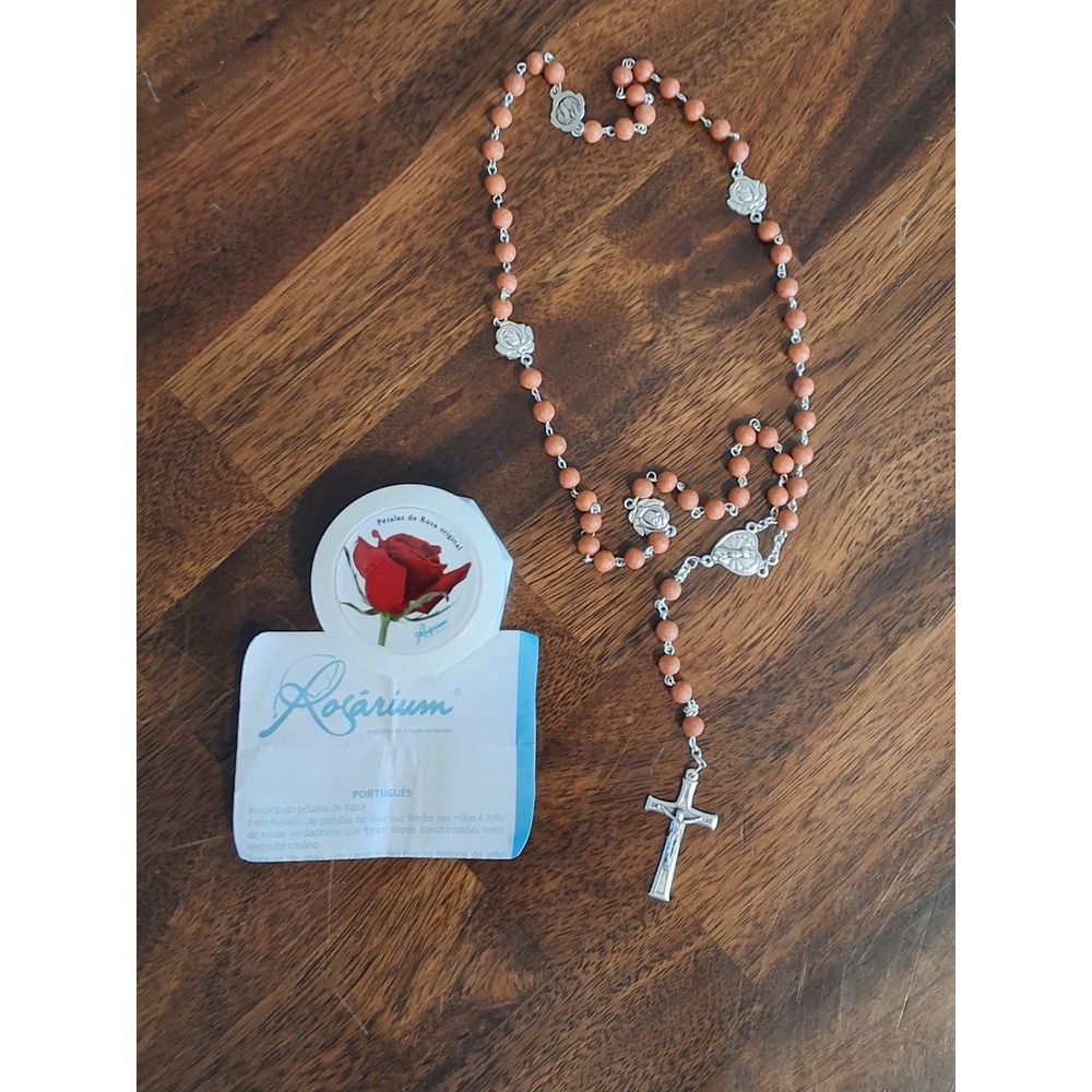 Rosarium Fatima Portugal Rose Petal Bead Rosary Silver Tone Catholic Necklace